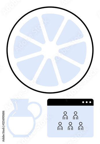 Citrus slice symbolizing unity, digital meeting window with human figures, and pitcher shape. Ideal for collaboration, health, networking, productivity, creativity, teamwork abstract line flat