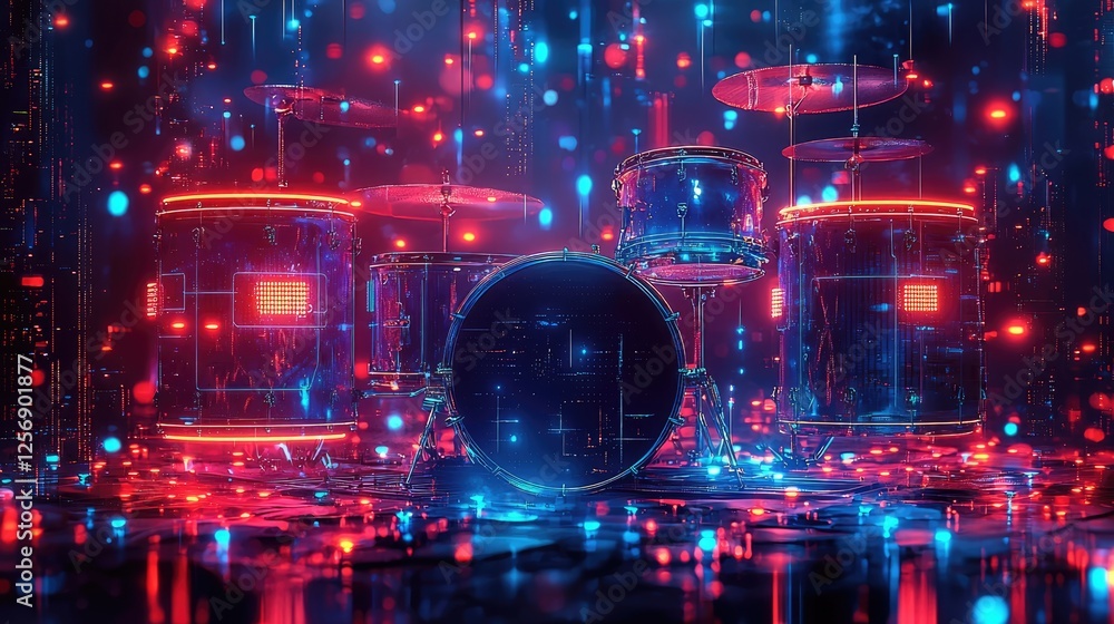 Fototapeta premium Neon-lit drum set surrounded by colorful lights in a vibrant, futuristic environment