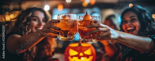Young ladies enjoying drinks and smiling at a halloween gathering in a pub