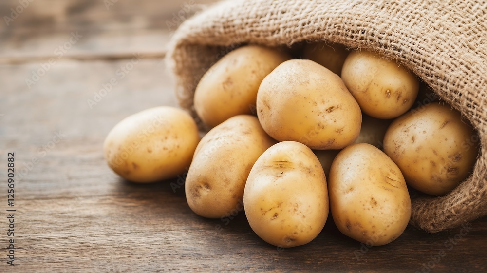 Freshly harvested potatoes spilling out of a rustic burlap sack on a wooden surface : Generative AI Freshly harvested potatoes spilling out of a rustic burlap sack on a wooden surface : Generative AI