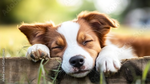 Adorable Sleeping Puppy Resting on Soft Grass in a Natural Outdoor Environment : Generative AI