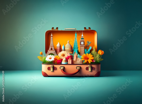 Open suitcase with miniature world landmarks and bright flowers inside. A vibrant travel concept showcasing global destinations and iconic monuments.