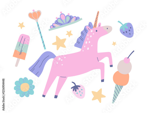 Set of cute pastel doodles. Funny stickers with pink unicorn, princess crown and ice cream. Magical Elements of Fantasy World. Design for postcard. Flat vector illustration isolated on background