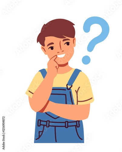 Thoughtful person. Smiling boy thinking about something, coming up with idea or solution to problem. Uncertain pensive child next to question mark. Flat vector illustration isolated on background