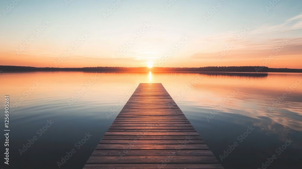 Fototapeta premium Wooden Pier Extending into Calm Lake at Sunset