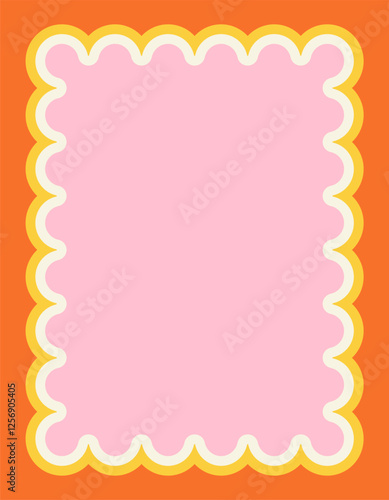 Retro frame. Colorful border template with wavy scalloped edge and empty textbox. Vintage Doodle Poster. Design element for invitation card with copy space. Flat vector illustration