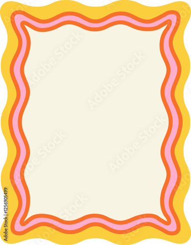 Retro frame. Vintage doodle border with multicolored wavy scalloped edge and empty space for text. Curved geometric pattern. Design element for invitation with copy space. Flat vector illustration