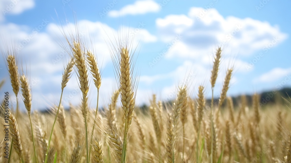 Golden Wheat Field Captured Under Bright Blue Sky with Fluffy Clouds : Generative AI Golden Wheat Field Captured Under Bright Blue Sky with Fluffy Clouds : Generative AI