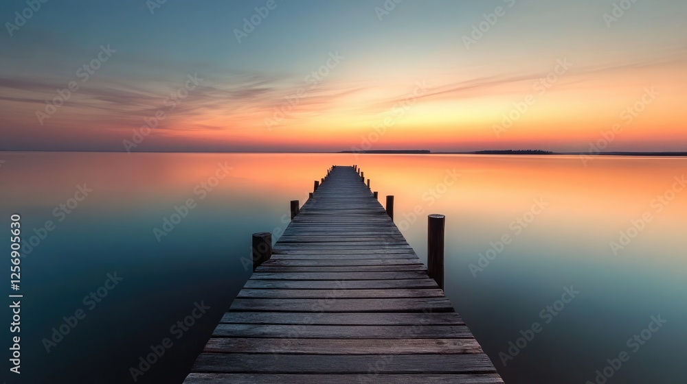 Wooden Pier Extending into a Calm Sunset Wooden Pier Extending into a Calm Sunset