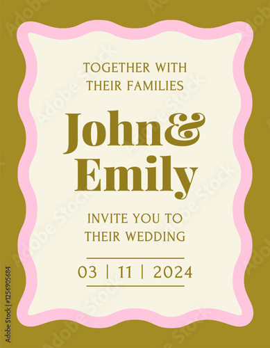 Retro invitation card. Vintage wedding invitation template with wavy frame or scalloped edge. Trendy doodle postcard. Design element for celebrating holiday or event. Flat vector illustration