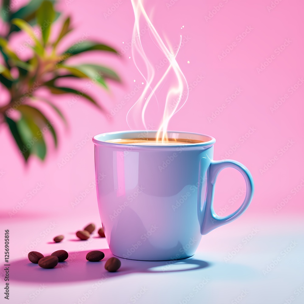 Plastic shiny style coffee mug with glowing steam cup in pastel colors shiny style with plants background with neon style on a white background. coffee is a concept of beverages cup of coffee on a Plastic shiny style coffee mug with glowing steam cup in pastel colors shiny style with plants background with neon style on a white background. coffee is a concept of beverages cup of coffee on a