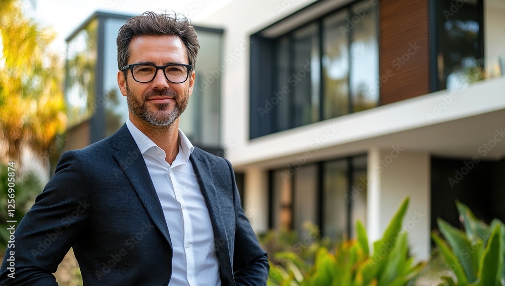 Confident Man in Suit Smiles, Modern Home Background, Successful Real Estate Agent, Professional Portrait, Business Lifestyle Confident Man in Suit Smiles, Modern Home Background, Successful Real Estate Agent, Professional Portrait, Business Lifestyle