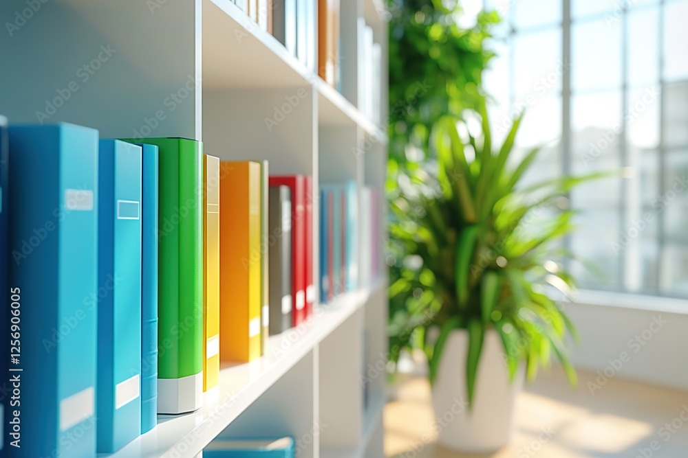 Fototapeta premium Brightly Colored Books Organized on Modern White Bookshelves near a Window, Creating a Calm and Organized Workspace.