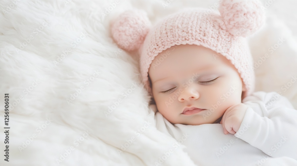Adorable sleeping baby girl wearing a knitted pink hat resting peacefully on a soft fluffy blanket : Generative AI Adorable sleeping baby girl wearing a knitted pink hat resting peacefully on a soft fluffy blanket : Generative AI