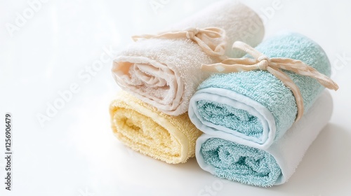 Four towels are stacked on top of each other, with one being yellow