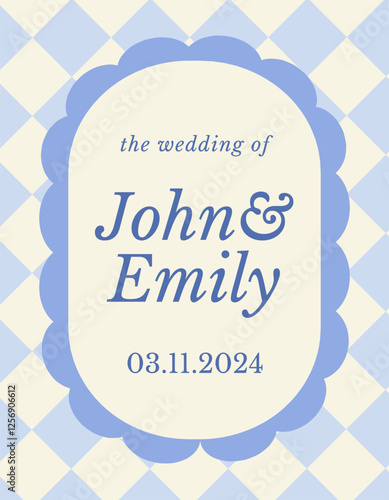 Retro invitation card. Vintage trendy wedding invitation letter with geometric checkered pattern and wavy scalloped frame. Design element for celebrating holiday or event. Flat vector illustration
