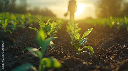 Farmer walking through vibrant green crop field at sunset, carrying tools, with soft sunlight