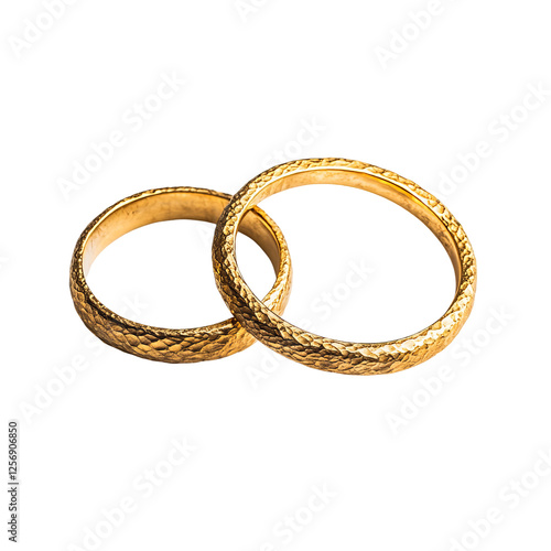 Closeup of two elegant textured golden wedding bands on a transparent background. Perfect for wedding or engagement projects