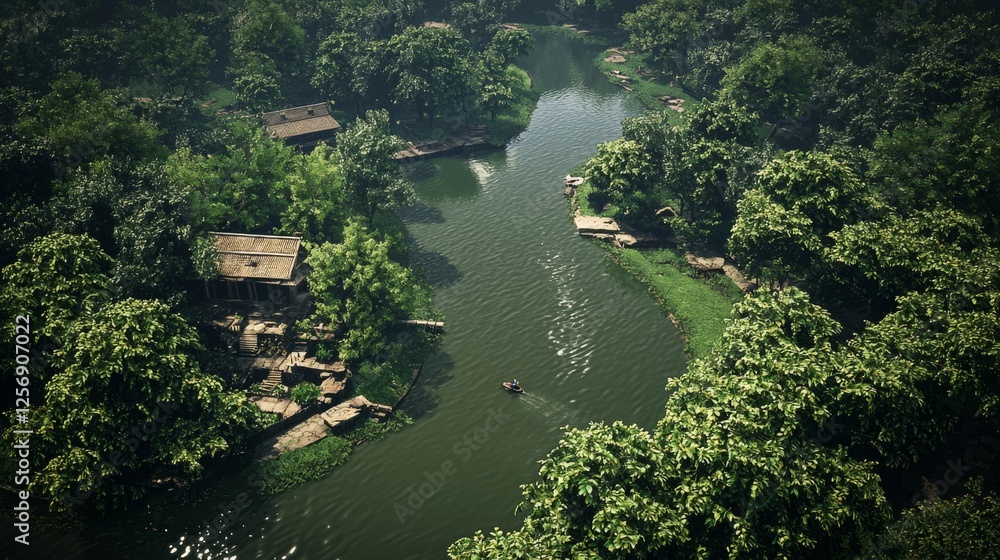 Fototapeta premium Tranquil River Scene Surrounded by Lush Green Forest with Rustic Houses and a Person in a Small Boat