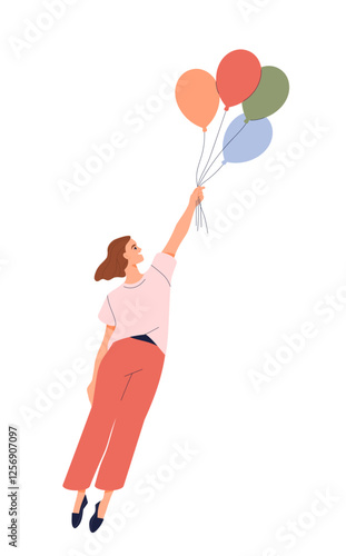 Happy person flying with balloons. Smiling woman holding bunch of balloons and flying up to clouds. Daydreaming and imagination. Freedom and joy. Flat vector illustration isolated on background