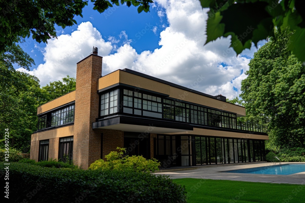 Fototapeta premium Modern architectural design showcased in a spacious residence surrounded by greenery and a tranquil pool under a bright blue sky