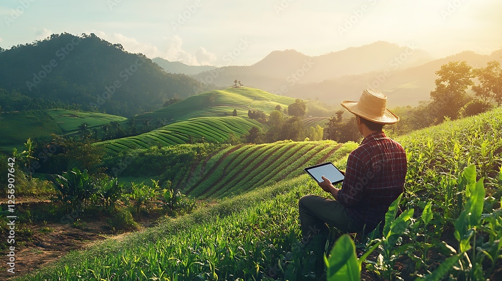 Farmer works on a plantation looking at crop development on a tablet, technology in agriculture concept Farmer works on a plantation looking at crop development on a tablet, technology in agriculture concept