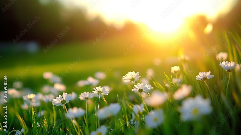 Fototapeta premium Bright field of daisies illuminated by the golden rays of the setting sun : Generative AI