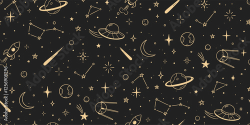 Space star galaxy vector seamless pattern. Hand drawn doodle sketch line style galaxy planet star, rocket, moon cute sky background. Space planet kid doodle universe pattern. Vector illustration