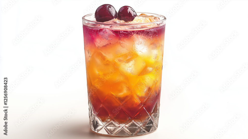 A glass of layered mocktail with a gradient of funny day vibe, isolated on a white background A glass of layered mocktail with a gradient of funny day vibe, isolated on a white background