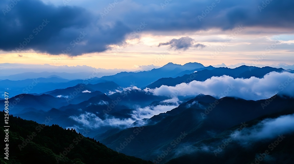 Breathtaking view of mountain landscape under moody skies at sunset with clouds rolling : Generative AI