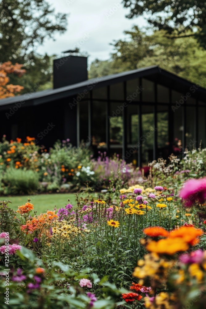 A modern black house is beautifully framed by vibrant garden blossoms, creating a stunning visual in a peaceful landscape under clear daylight A modern black house is beautifully framed by vibrant garden blossoms, creating a stunning visual in a peaceful landscape under clear daylight