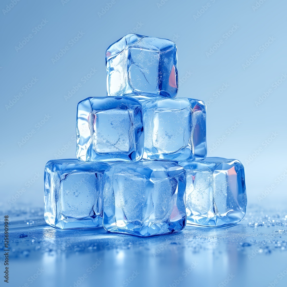 Realistic Close-Up View Of Transparent Shiny Ice Cubes on light blue background