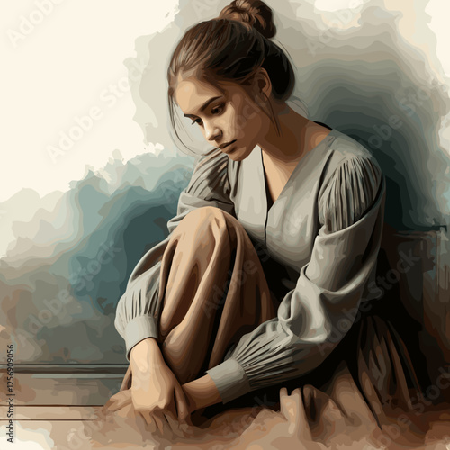 A young woman in vintage-style clothing sits on the floor with a pensive expression, rendered in a soft watercolor and pencil sketch style.