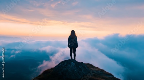Woman standing on a rock overlooking a breathtaking view of clouds and horizon at sunset : Generative AI