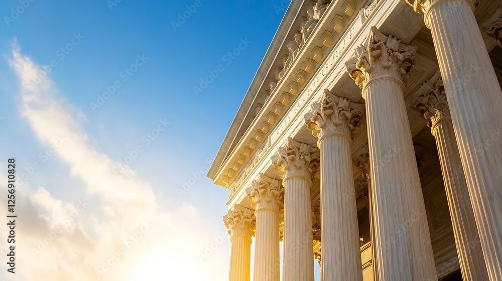 Majestic architectural columns of a historic building under a bright blue sky during golden hour : Generative AI Majestic architectural columns of a historic building under a bright blue sky during golden hour : Generative AI