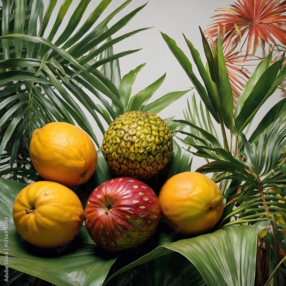 Fototapeta premium Detailed Artistic Representation of Hala Fruit with Palm Tree and Tropical Foliage