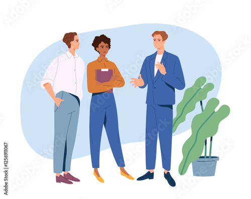 Business People Daily Routine. Team of office workers communicate and discuss project. Colleagues or partners at business meeting or conference. Cartoon flat vector illustration isolated on background