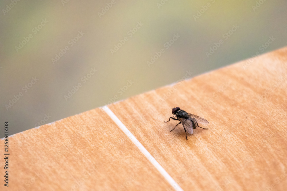 Obraz premium Close-up of a housefly insect (Musca domestica) sitting on wooden textured tiles with a blurred background.