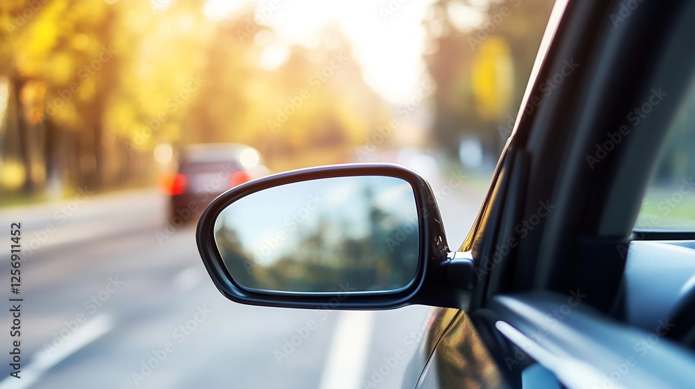 Car Side Mirror Reflecting a Clear Road on a Bright Sunny Day : Generative AI Car Side Mirror Reflecting a Clear Road on a Bright Sunny Day : Generative AI