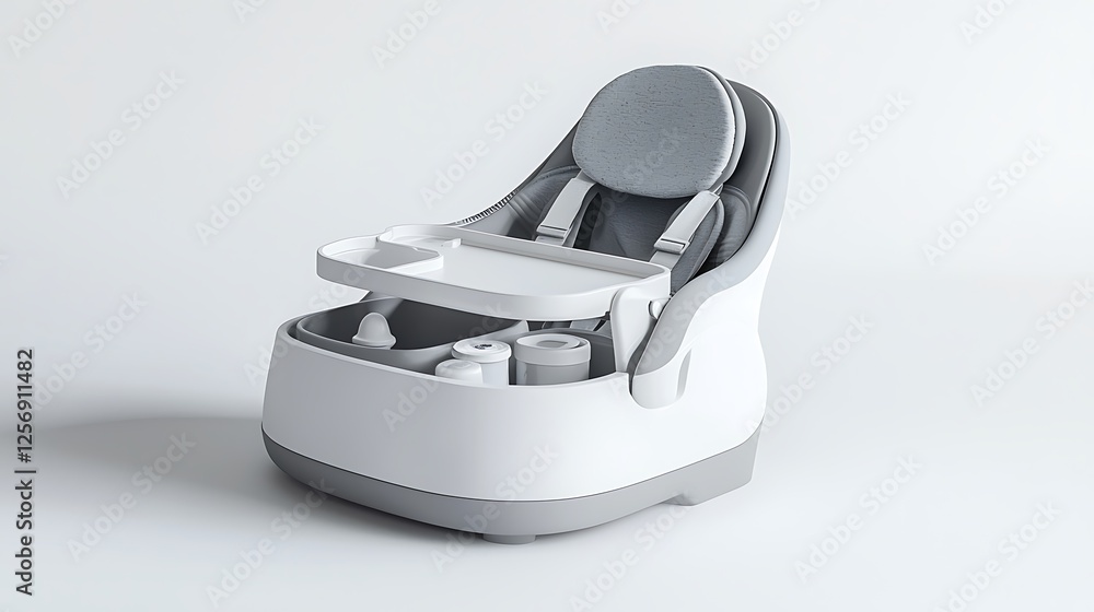 A white and gray baby high chair with a tray and a gray cushion A white and gray baby high chair with a tray and a gray cushion