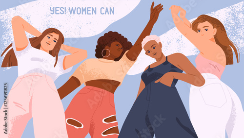 Women History Month banner. Pastel poster with group of multiracial girls posing for photo. Feminism, sisterhood and gender equality. Design for spring holiday celebration. Flat vector illustration