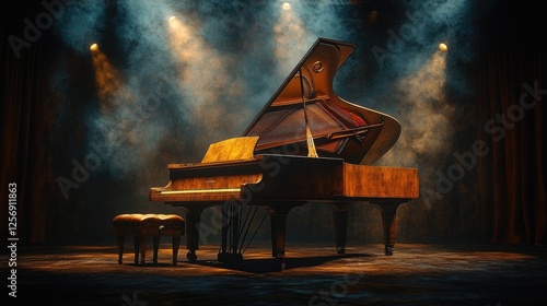 Grand piano illuminated by dramatic stage lighting in a smoky atmosphere, creating a serene ambiance