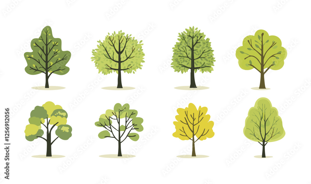 Fototapeta premium Set of tree and leaf collection hand drawn flat design vector element. botanical set of bare trees and ones with leaves and lush green