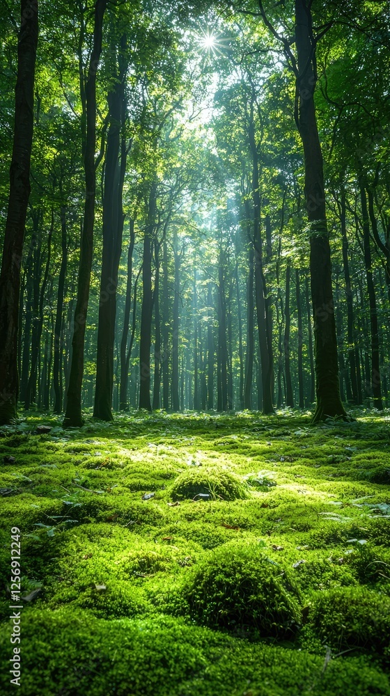 Obraz premium Lush Green Forest with Sunlight Filtering Through Trees, Mossy Ground, Peaceful Atmosphere