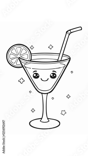 Cute Cocktail Drink Beverage Liquid Coloring Kid Book Page in Black and White. Monochrome and Colored Samples
