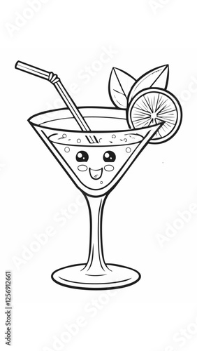 Cute Cocktail Drink Beverage Liquid Coloring Kid Book Page in Black and White. Monochrome and Colored Samples
