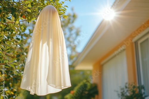 Teru Teru Bozu (Shine shine monk) is a traditional Japanese charm used to wish for sunny weather, illuminated by sunlight, Shine Shine Monk, Halloween Ghosts Hanging On Tree photo