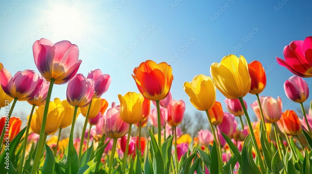 A field of tulips in full bloom, with rows of colorful flowers stretching into the distance under a clear blue sky, evoking a sense of natural beauty and tranquility. A field of tulips in full bloom, with rows of colorful flowers stretching into the distance under a clear blue sky, evoking a sense of natural beauty and tranquility.