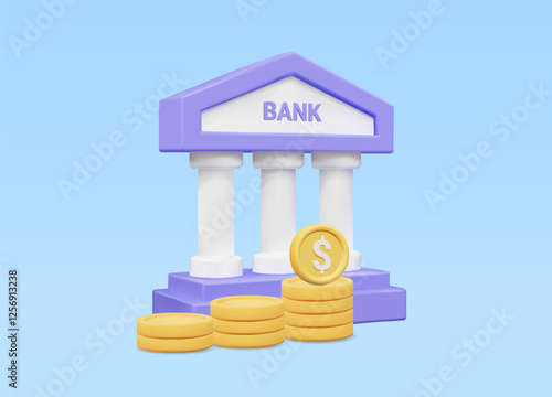 Vector 3D rendering of banking and finance concepts. It shows a classic style bank building with a pile of gold coins. Suitable for economic concepts, savings, and financial transactions.