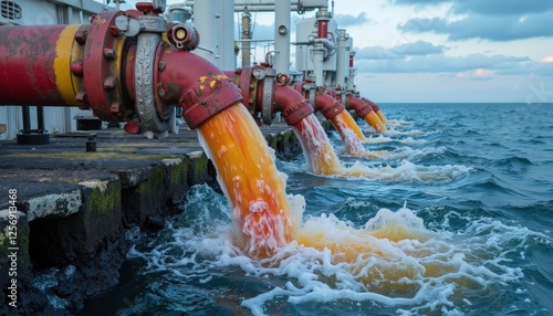Fototapeta Naklejka Na Ścianę i Meble -  Orange Liquid Discharge from Pipes into Ocean Under Cloudy Sky